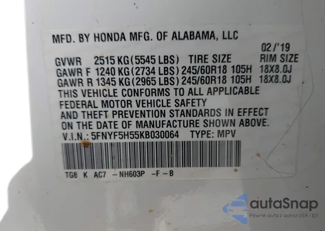 2019 Honda Pilot Ex-L z USA, uszkodzony, nr VIN 5FNYF5H55KB030064